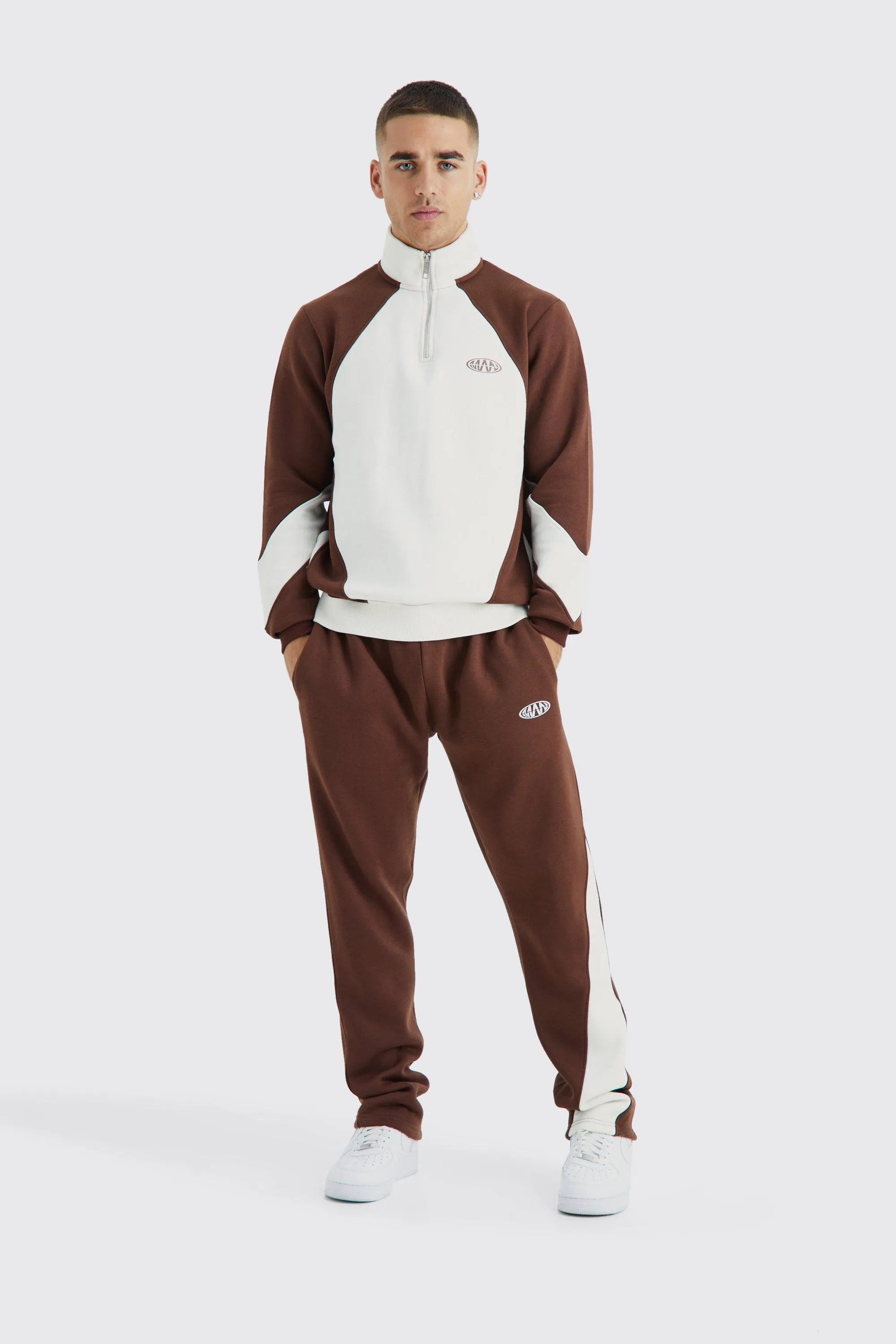 1/4 Zip Funnel Neck Colour Block Sweatshirt Tracksuit | boohooMAN UK