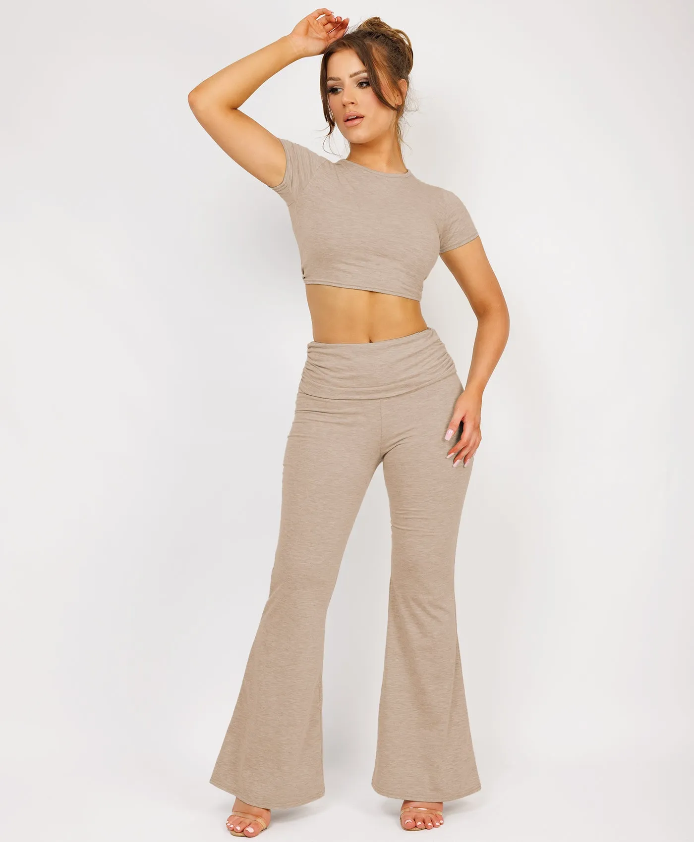 Beige Crop Top And Fold Over Flared Trousers Loungewear Set