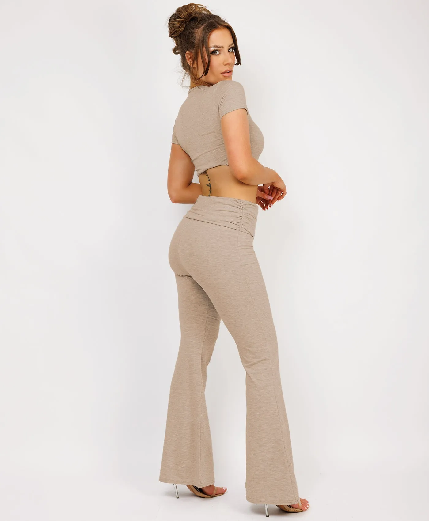 Beige Crop Top And Fold Over Flared Trousers Loungewear Set