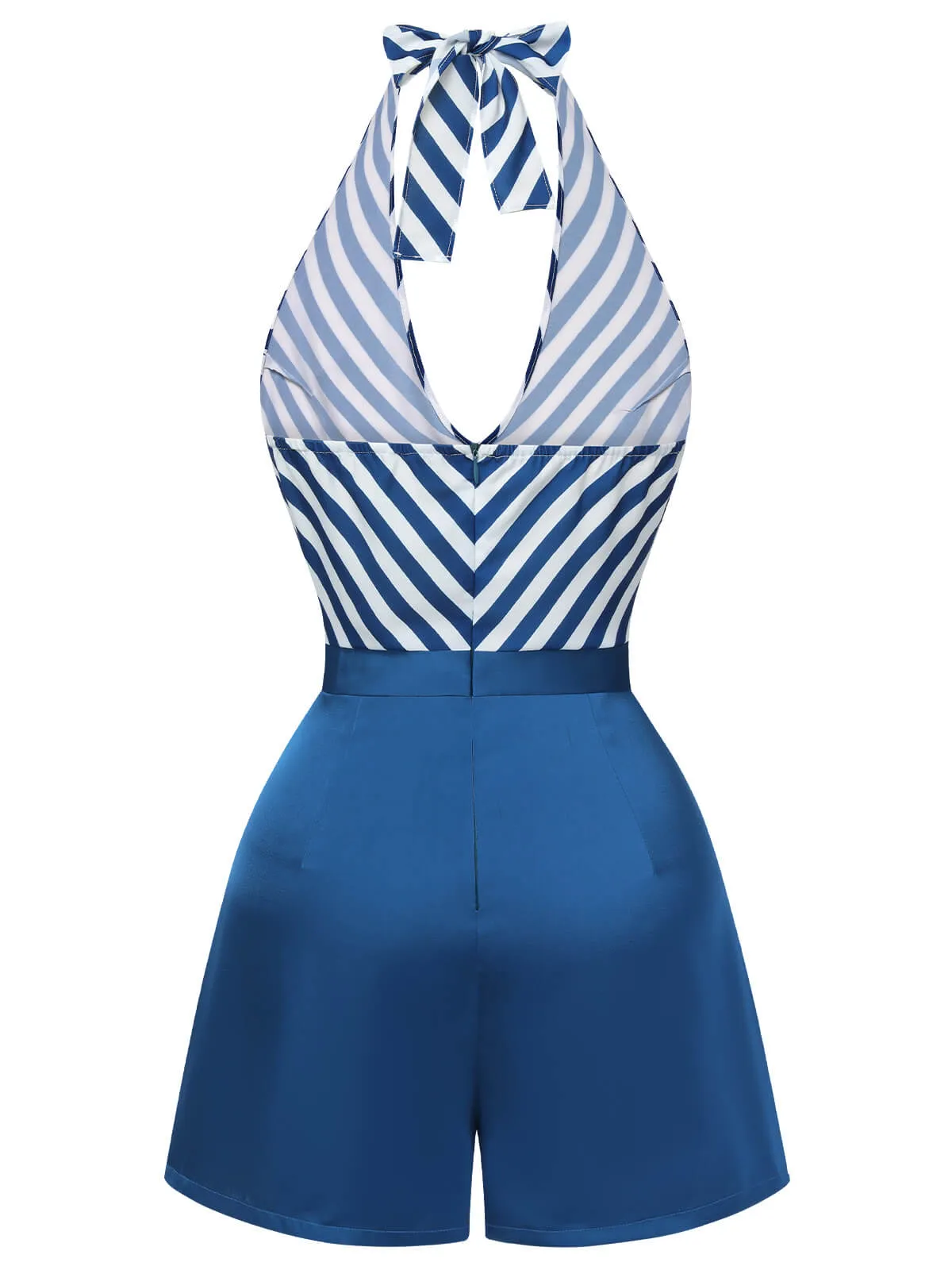 Blue 1940s Symmetrical Stripe V-Neck Halter Romper