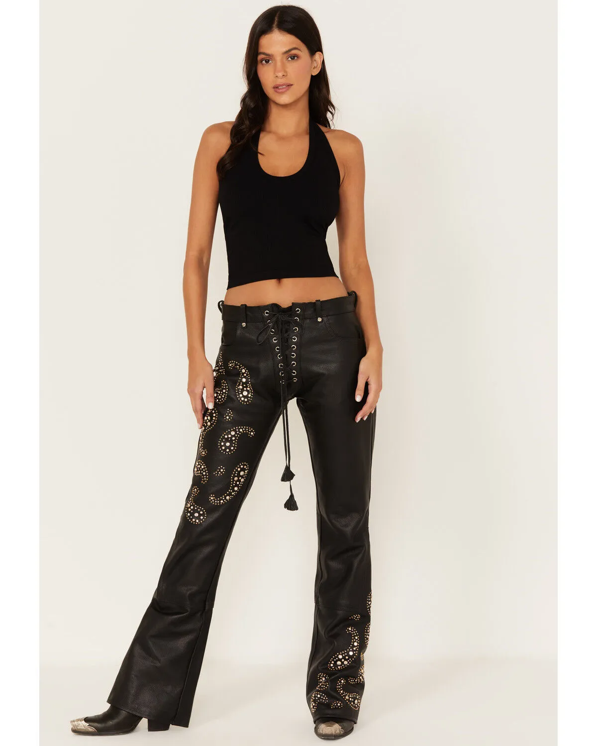 Boot Barn X Understated Leather Women's Rhinestone Studded Lace-Up Flare Leather Pants