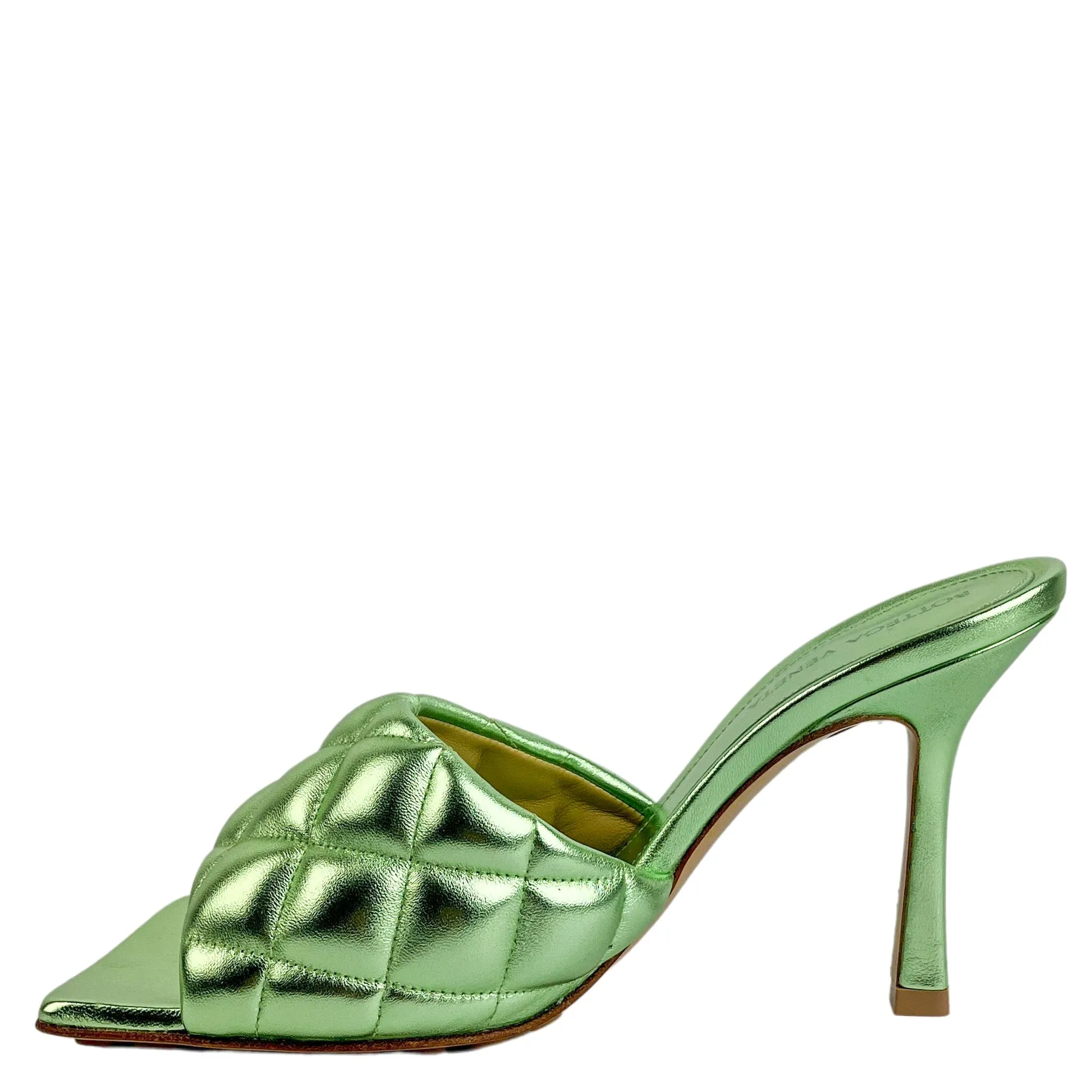 Bottega Veneta Quilted Open Toe Sandals in Metallic Green