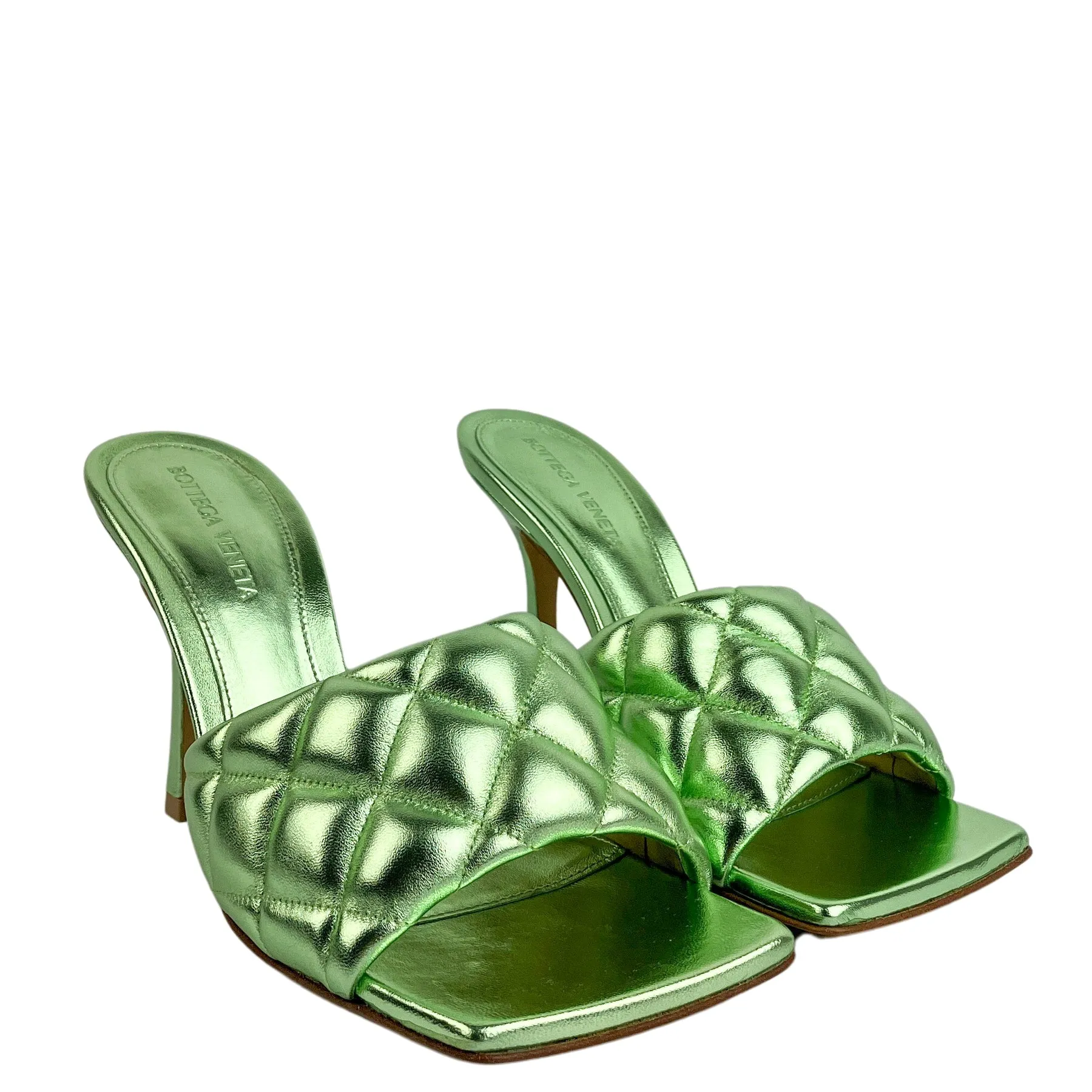 Bottega Veneta Quilted Open Toe Sandals in Metallic Green