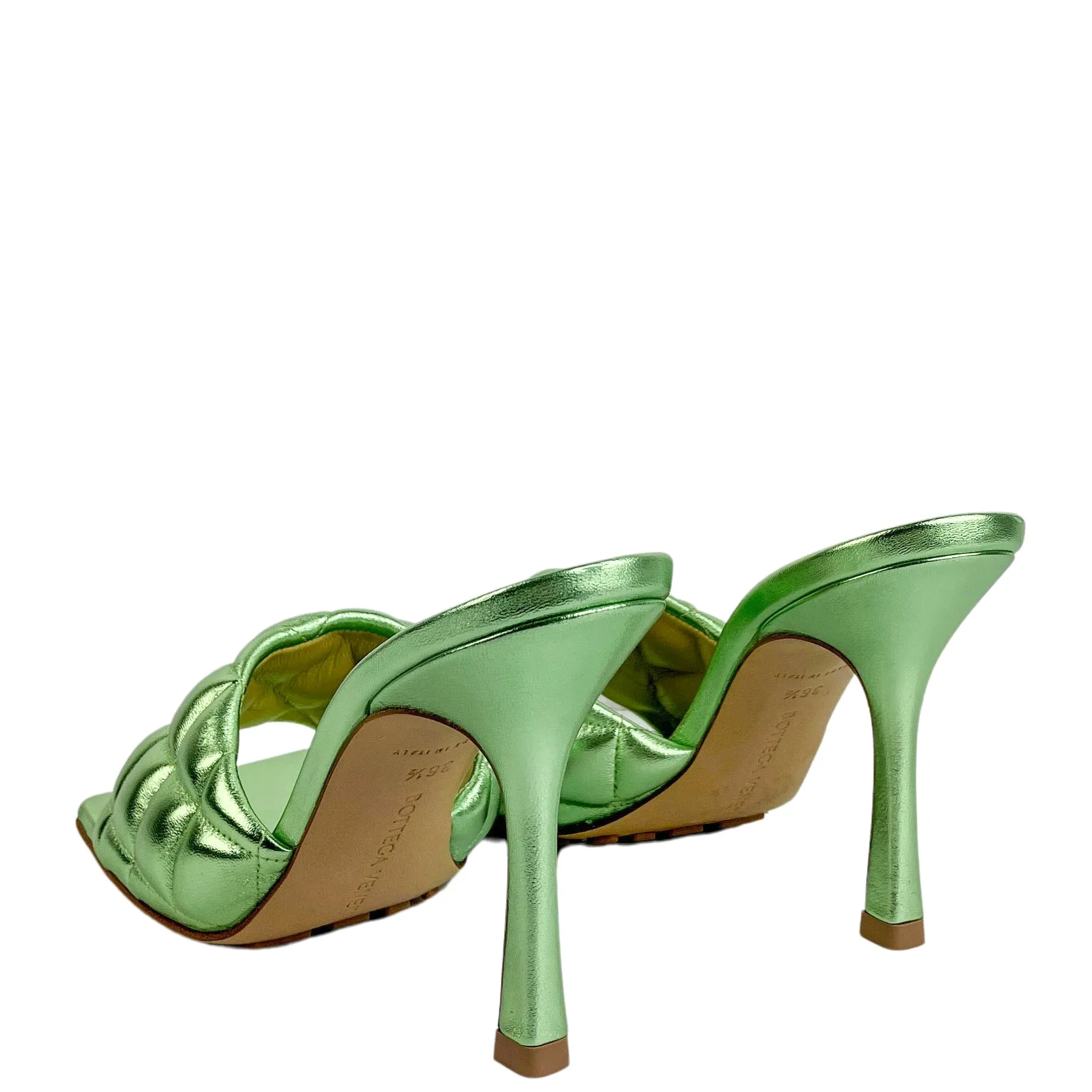 Bottega Veneta Quilted Open Toe Sandals in Metallic Green