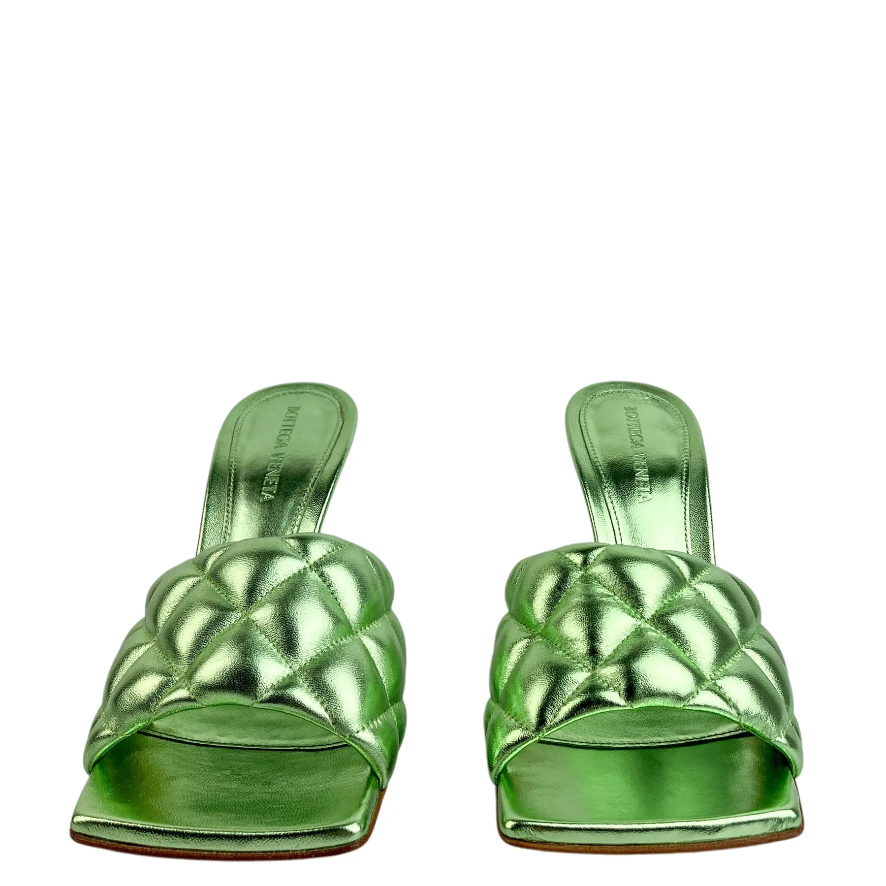 Bottega Veneta Quilted Open Toe Sandals in Metallic Green