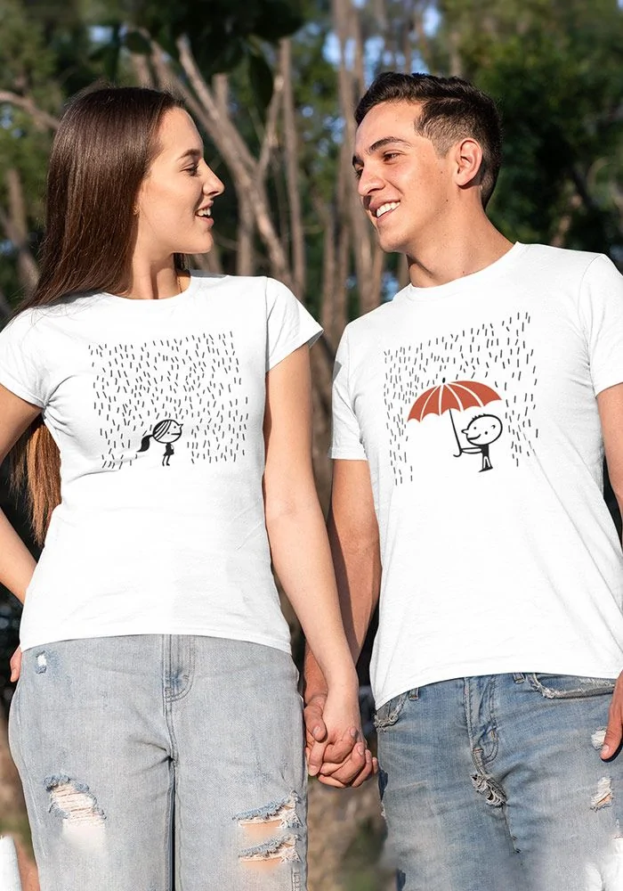 Boy In Umbrella Girl In Rain Couple T-Shirt (Mint)