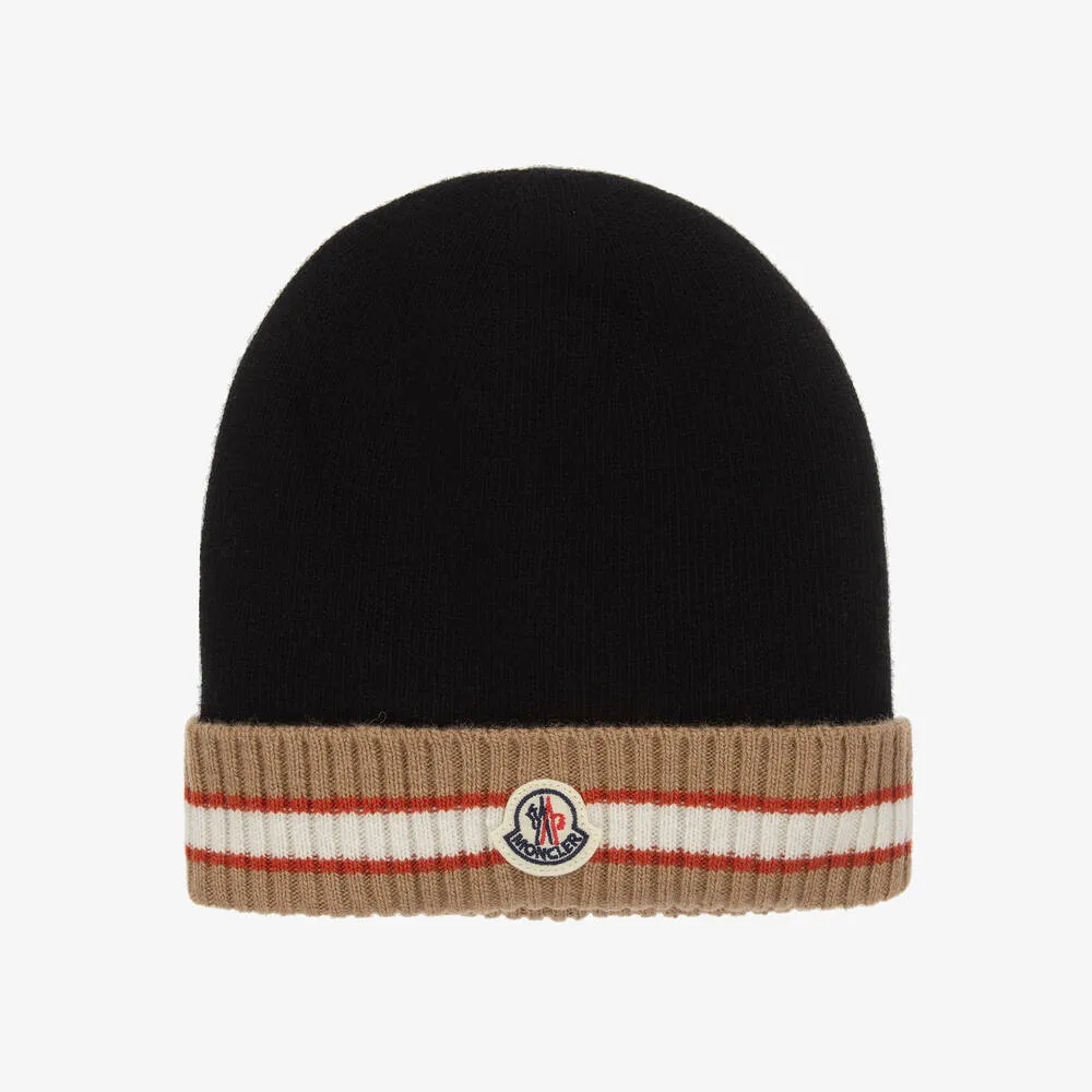 Boys Black & Beige Wool Knit Hat