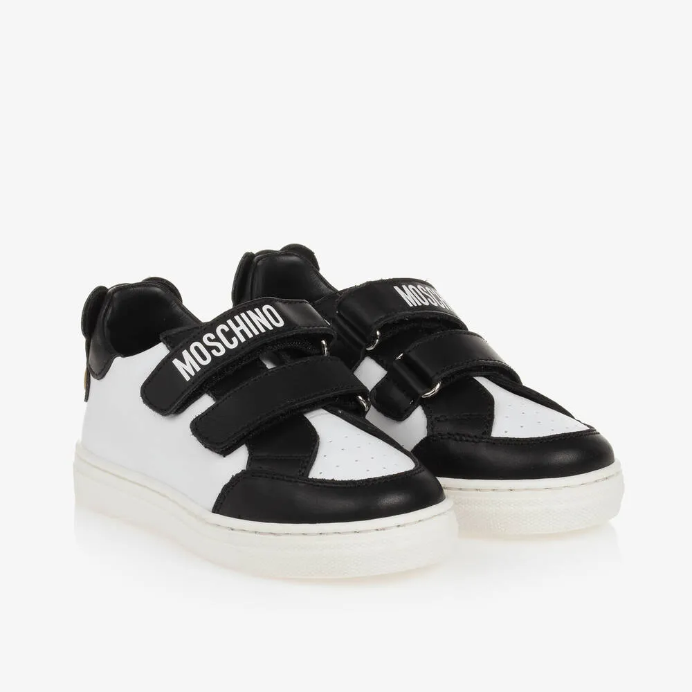 Boys White & Black Leather Trainers