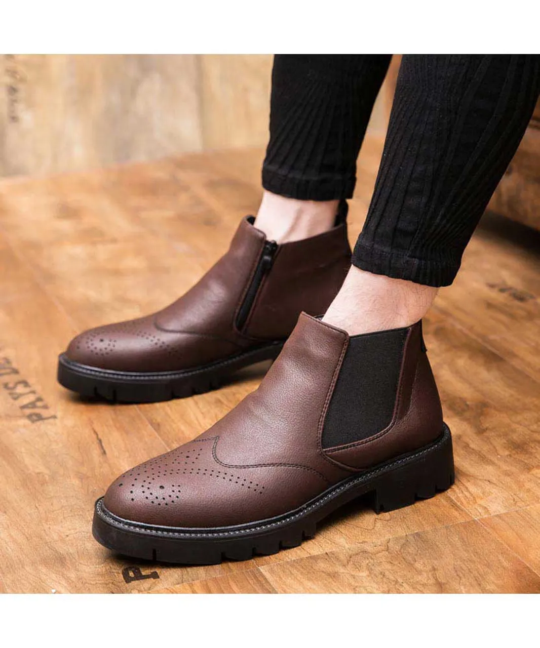 Brown leather brogue slip on dress shoe boot zip on side