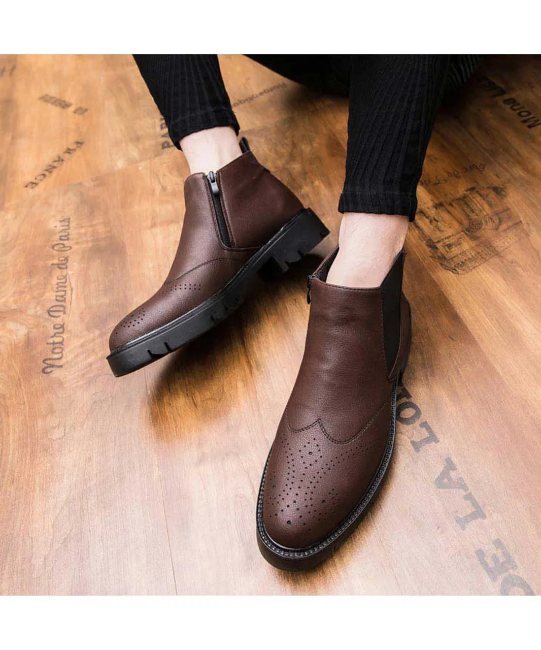 Brown leather brogue slip on dress shoe boot zip on side