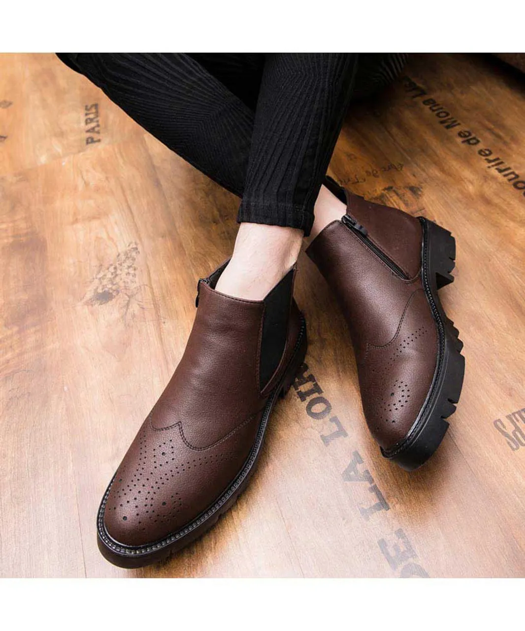 Brown leather brogue slip on dress shoe boot zip on side