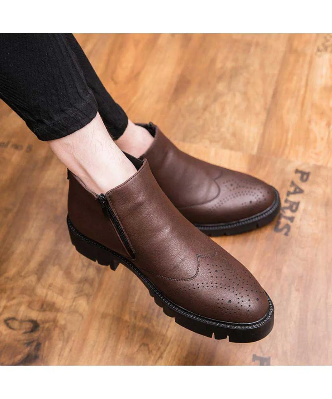 Brown leather brogue slip on dress shoe boot zip on side