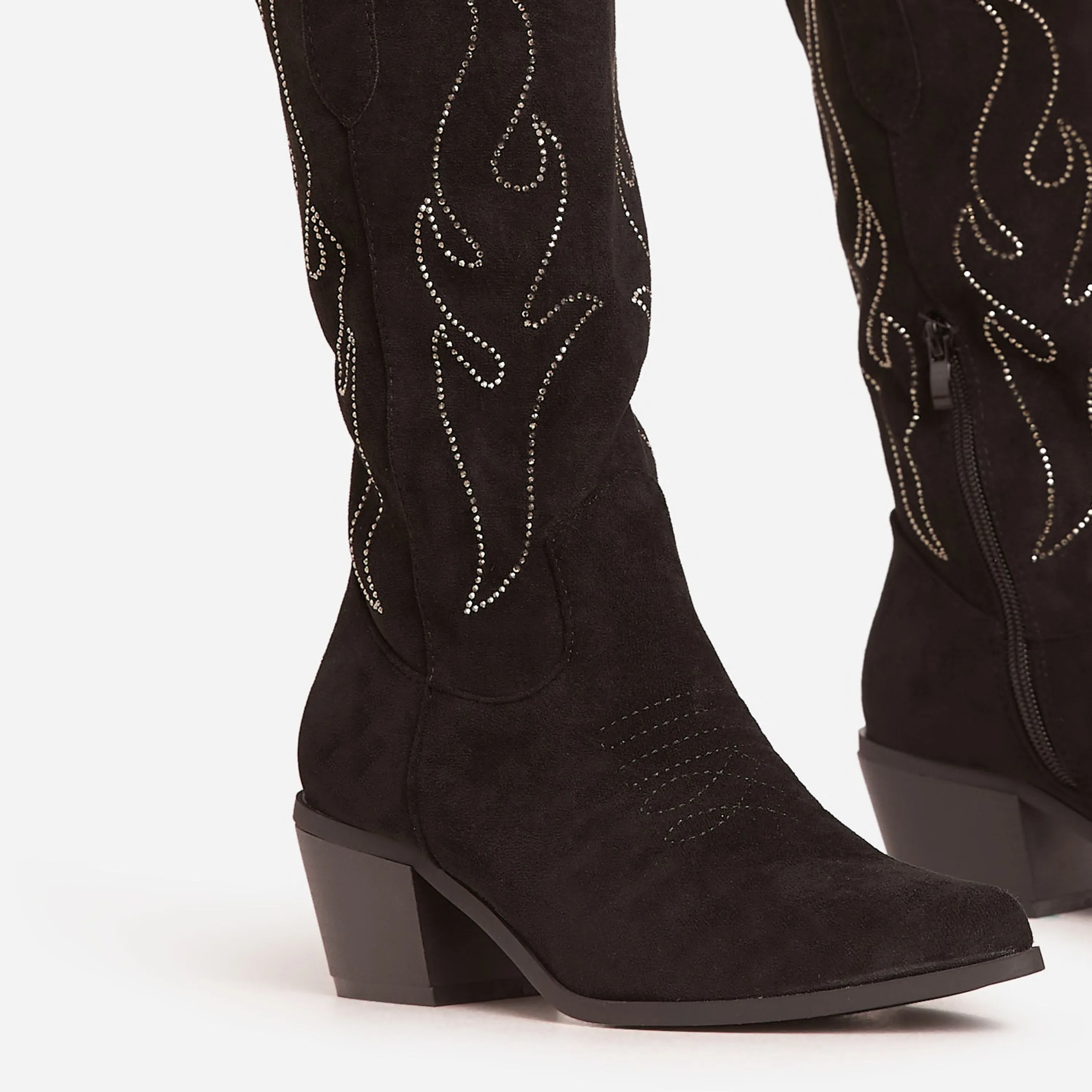 Bruce Diamante Embroidered Detail Pointed Toe Mid Calf Western Cowboy Boot In Black Faux Suede