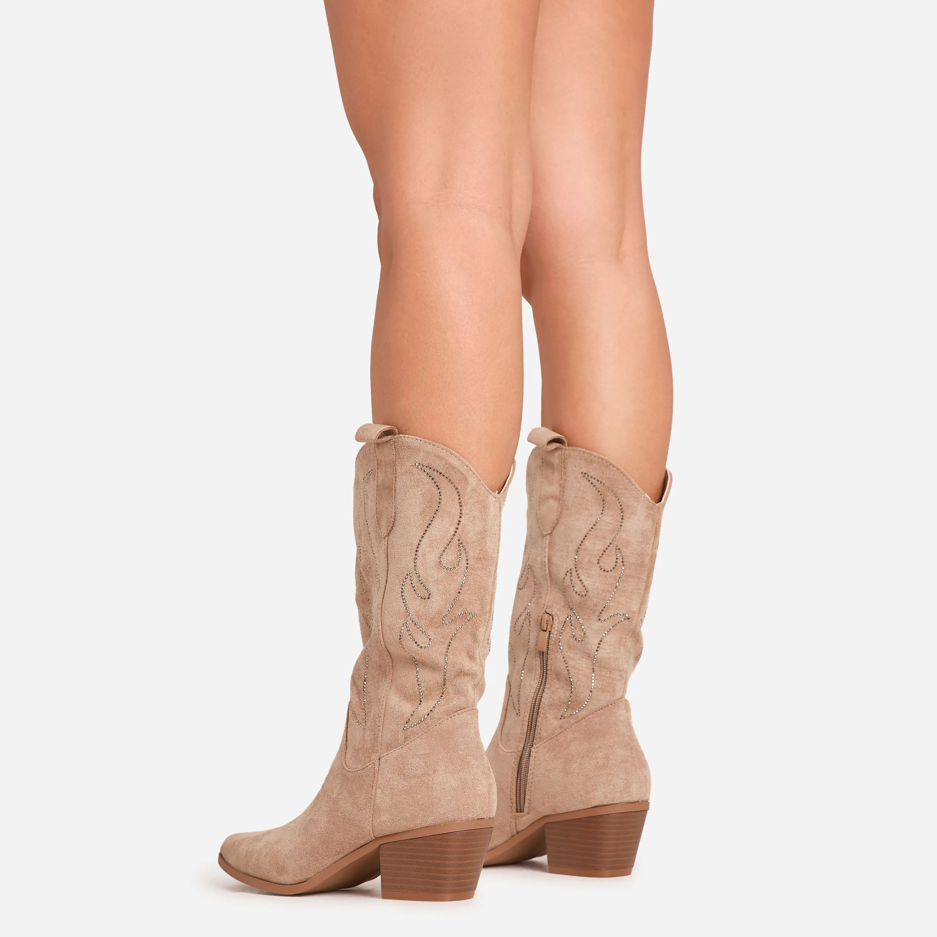 Bruce Diamante Embroidered Detail Pointed Toe Mid Calf Western Cowboy Boot In Light Brown Faux Suede