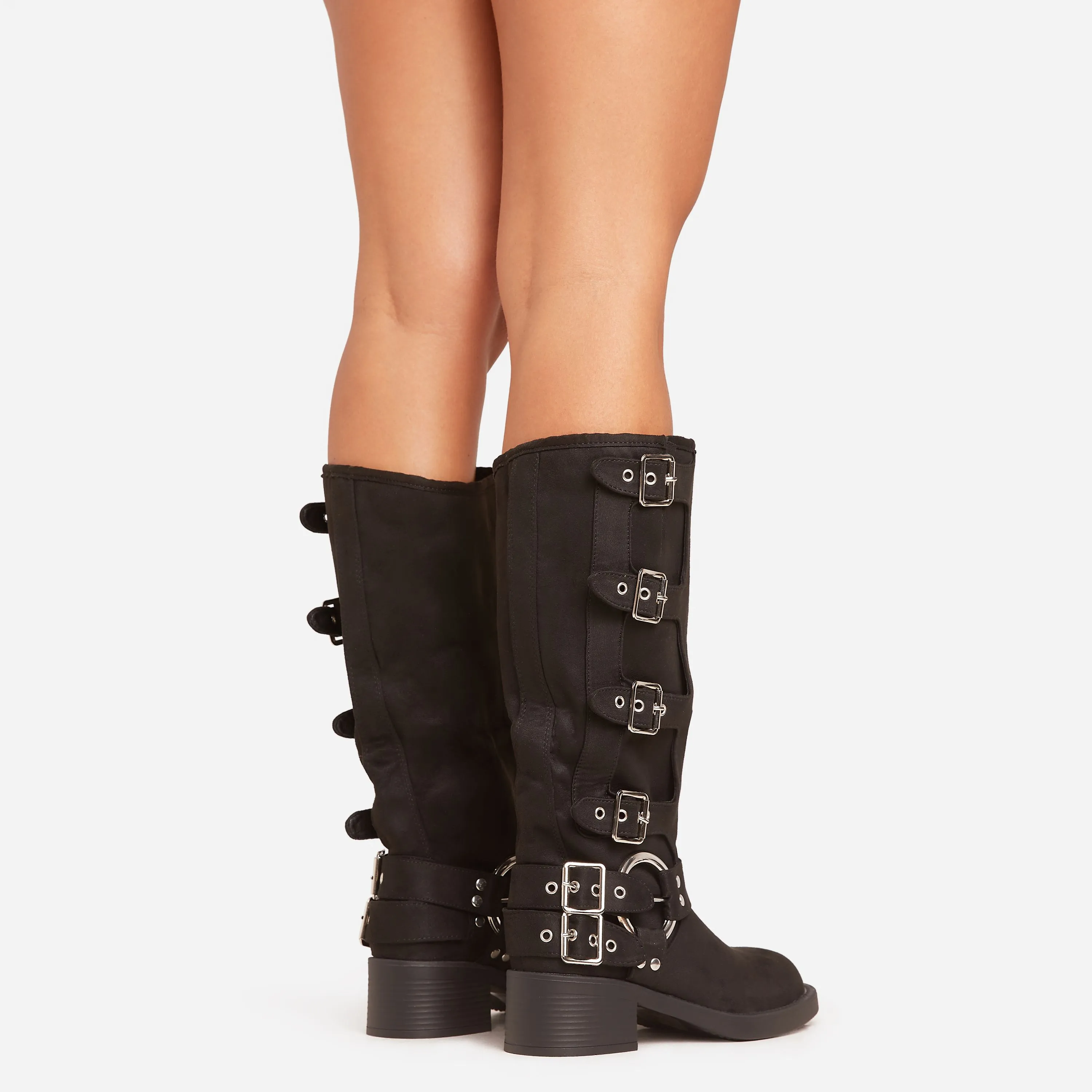 Buckle-Down Side Buckle Detail Midi Calf Biker Boot In Black Faux Suede