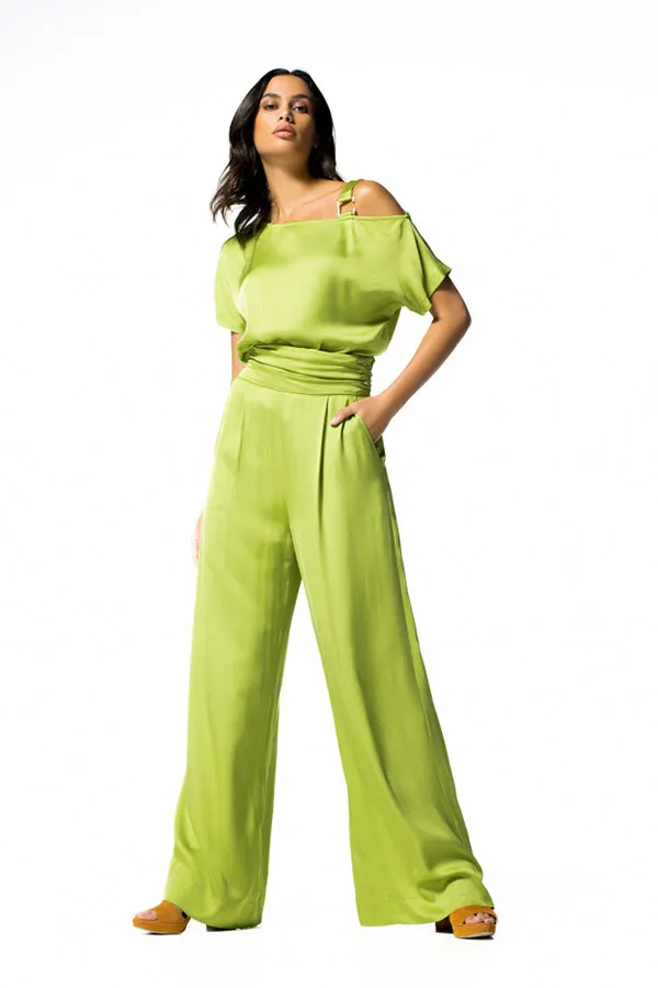 Caroline Biss LIME GREEN LOOSE SHINY HIGH WAIST WIDE TROUSERS