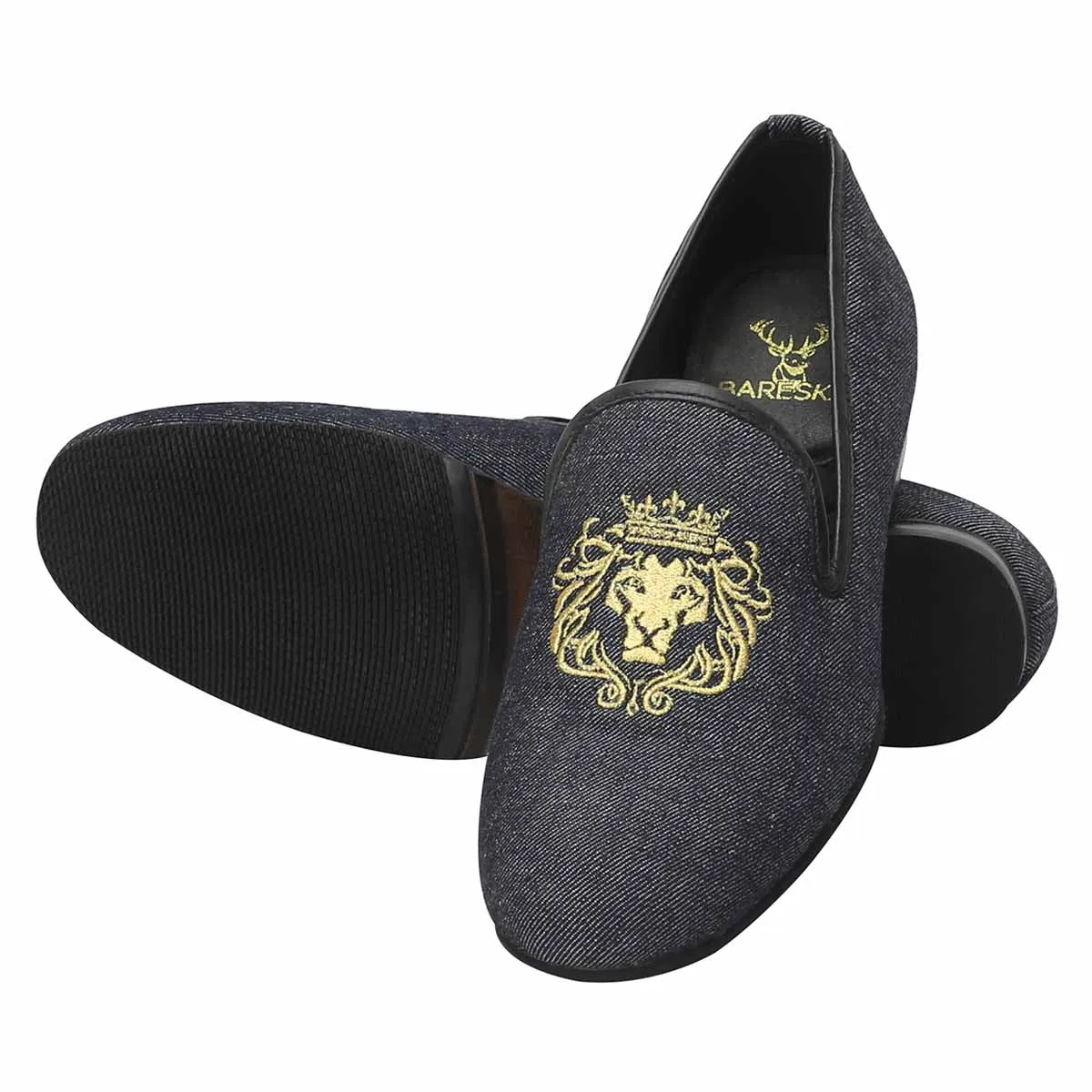 Charcoal Blue Denim/Golden Lion King Embroidery Slip-On Shoes By Bareskin