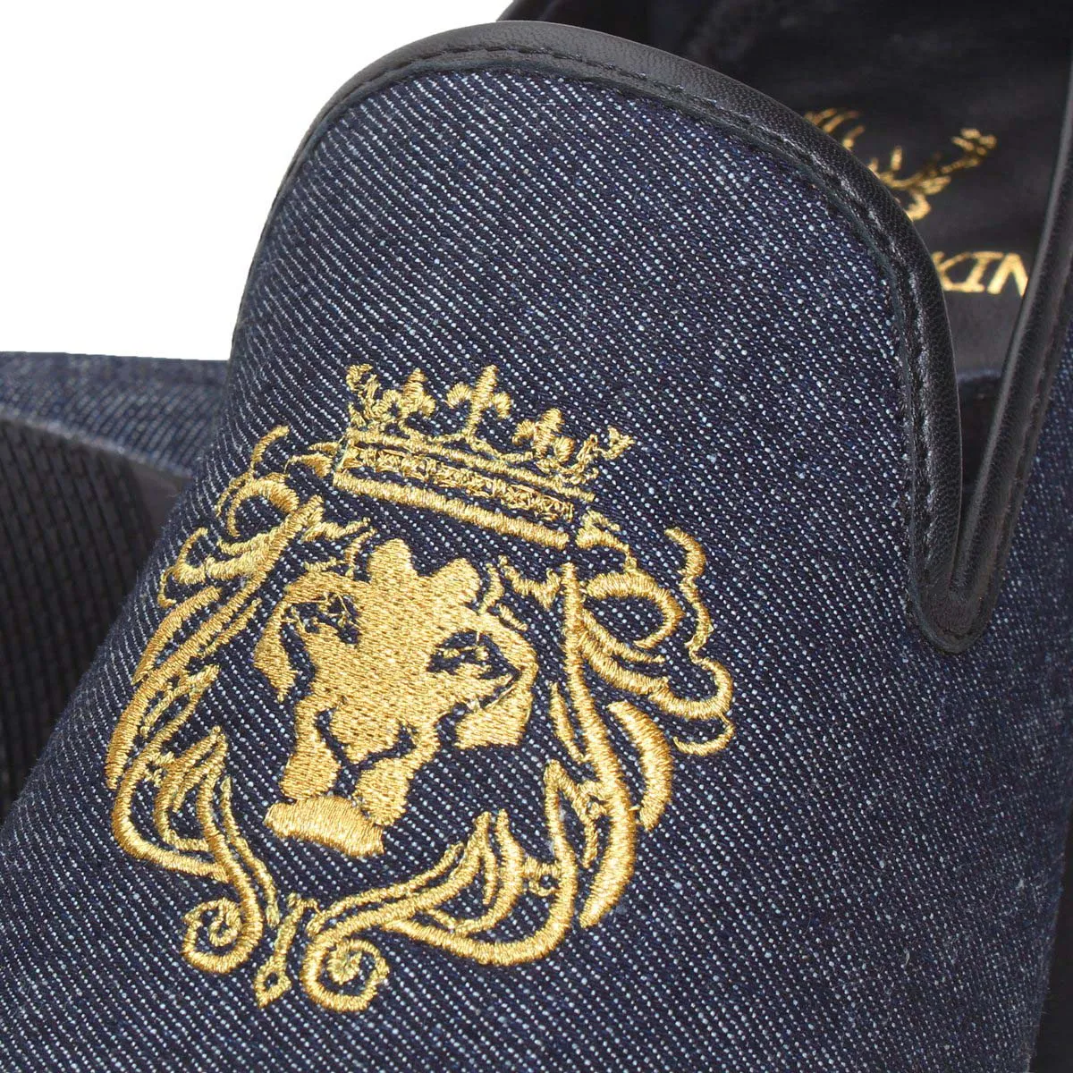 Charcoal Blue Denim/Golden Lion King Embroidery Slip-On Shoes By Bareskin