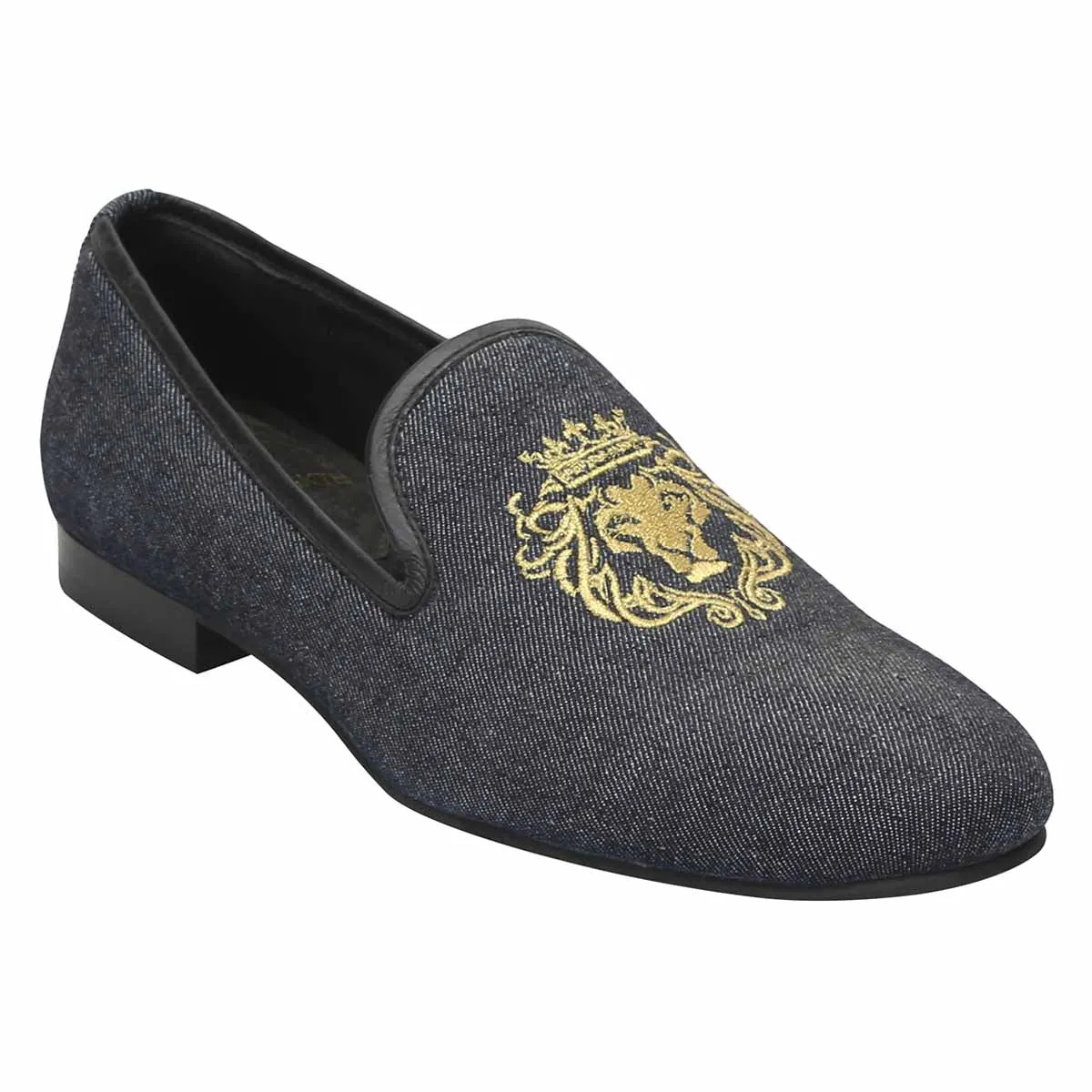 Charcoal Blue Denim/Golden Lion King Embroidery Slip-On Shoes By Bareskin