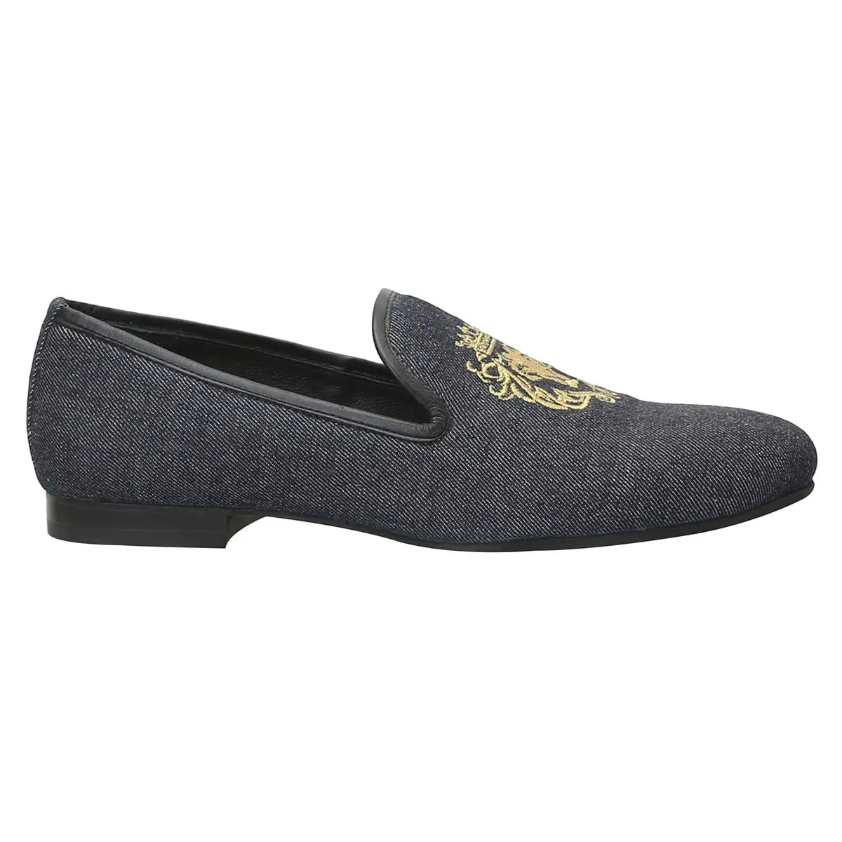 Charcoal Blue Denim/Golden Lion King Embroidery Slip-On Shoes By Bareskin