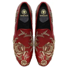 Copper Gold Zardosi Slip-On Shoes in Maroon Genuine Leather By Brune & Bareskin