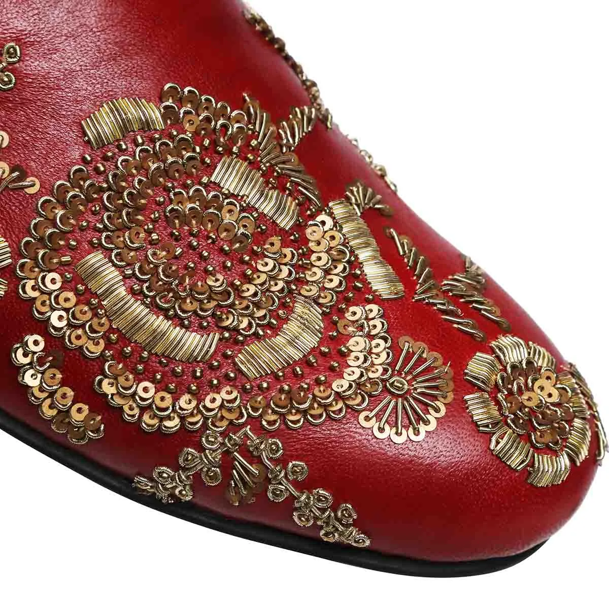 Copper Gold Zardosi Slip-On Shoes in Maroon Genuine Leather By Brune & Bareskin