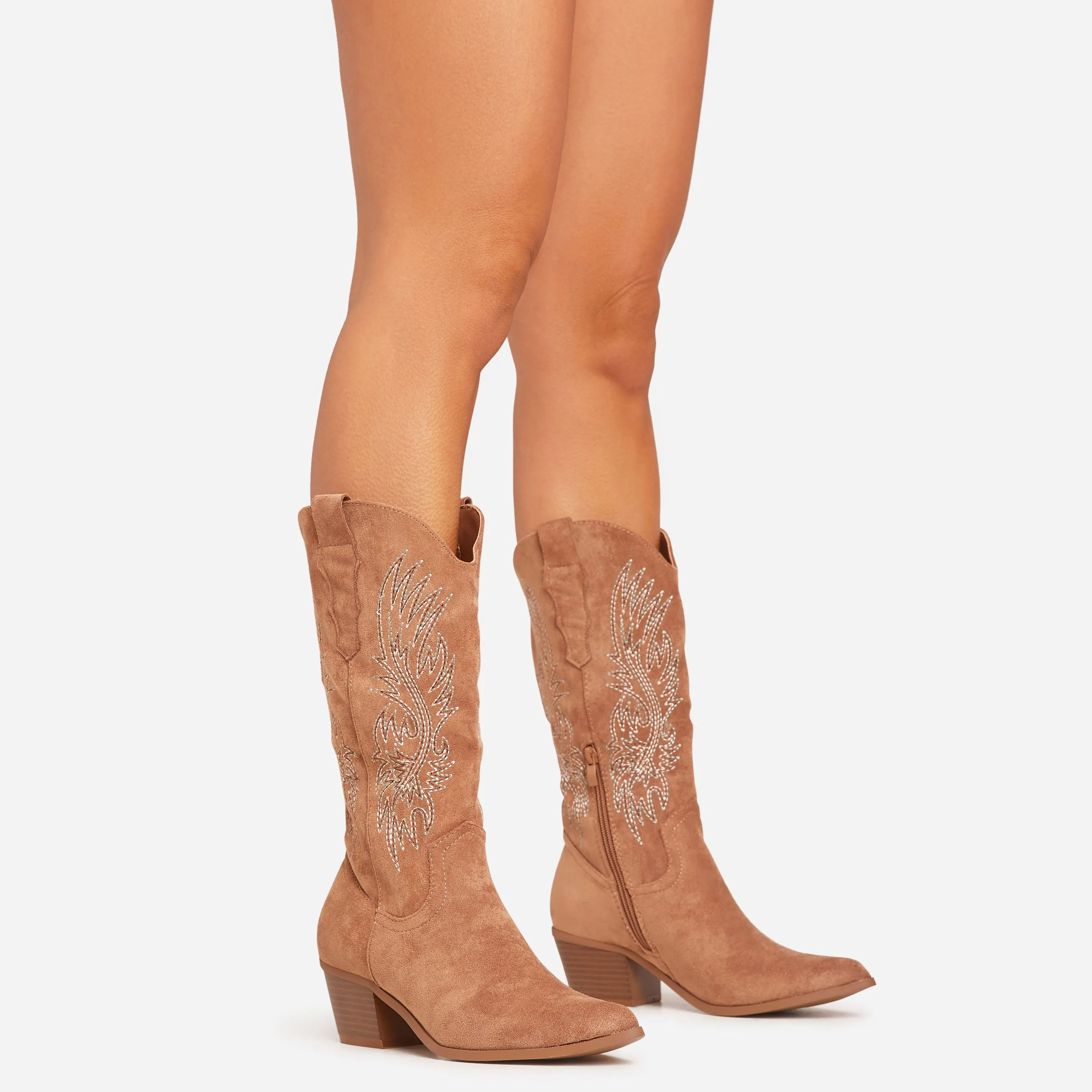 Eclipse Embroidered Detail Pointed Toe Mid Calf Western Cowboy Boot In Tan Brown Faux Suede