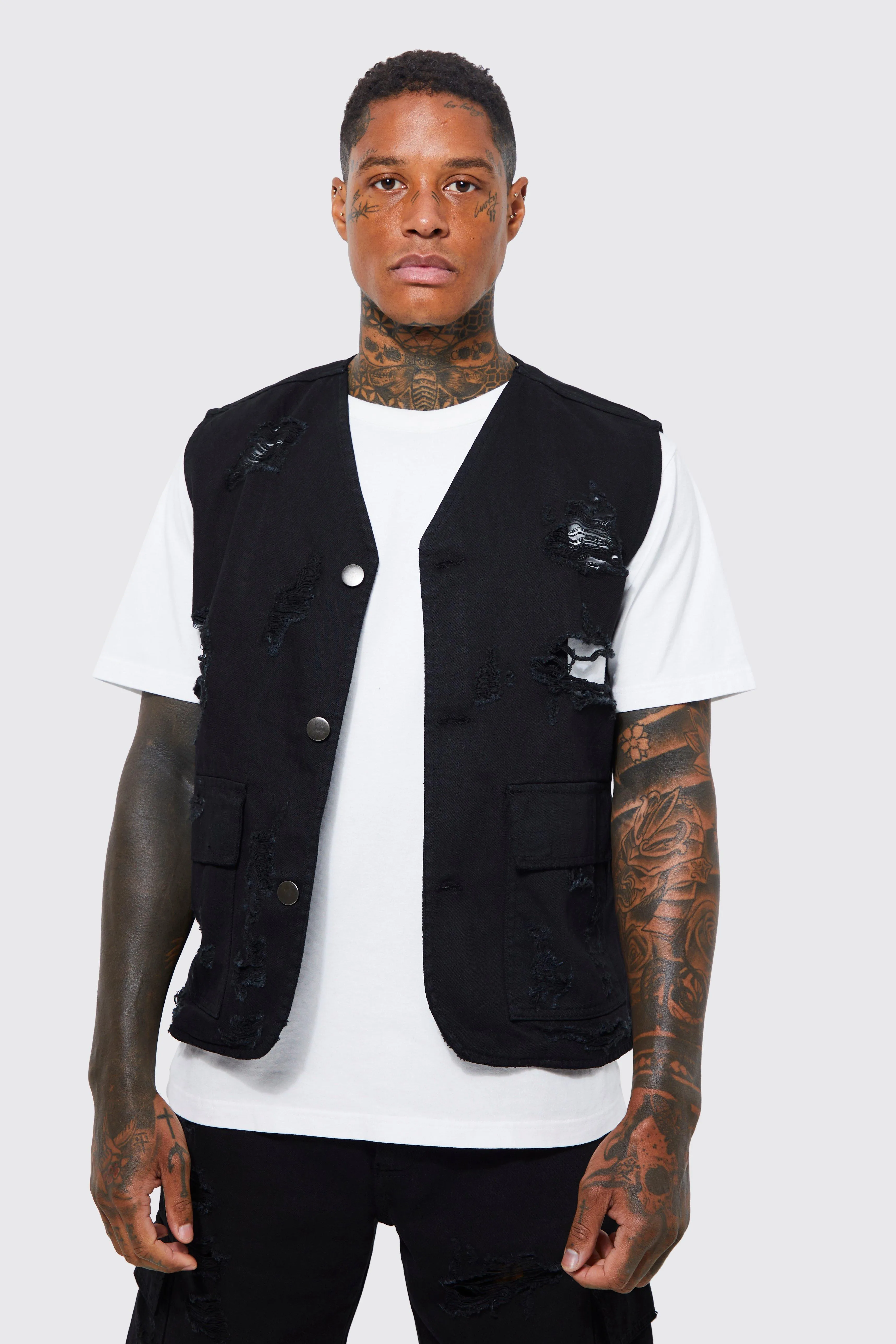 Extreme Rip Twill Utility Vest | boohooMAN UK