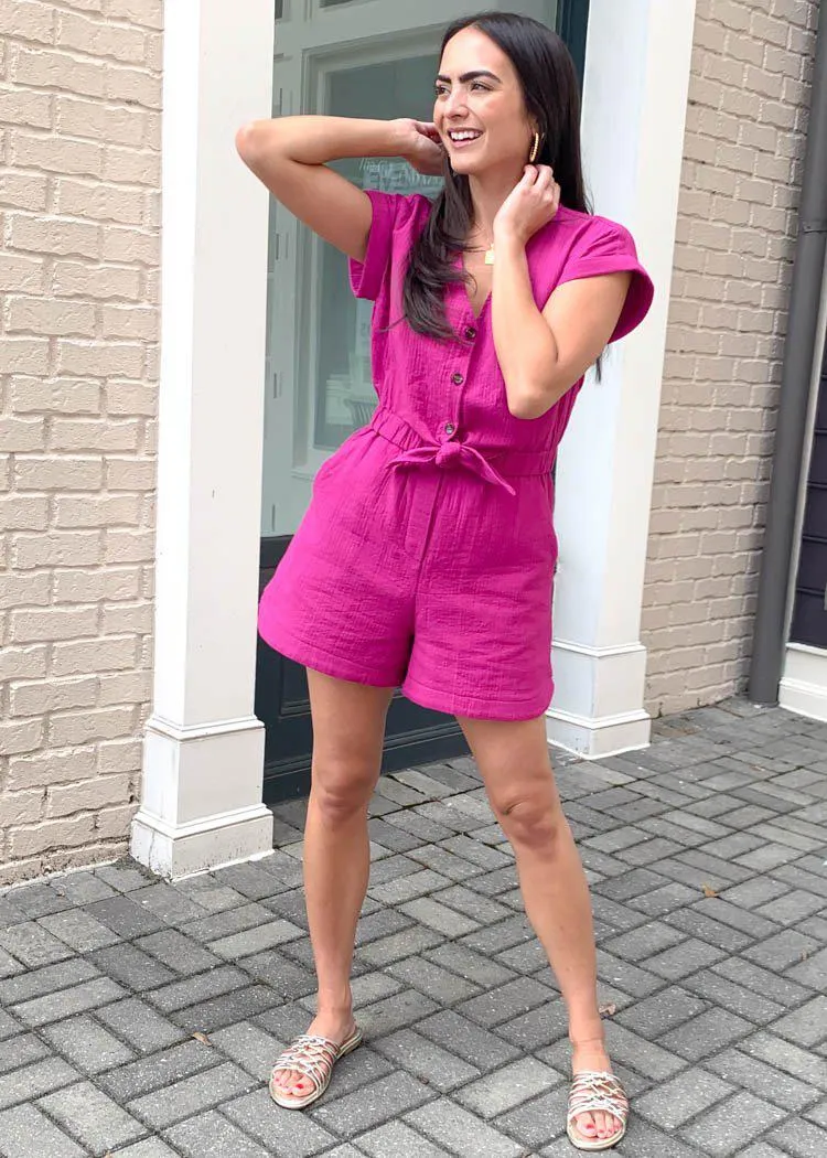 Frnch Menorca Front Tie Short Sleeve Romper - Fuschia ***FINAL SALE***