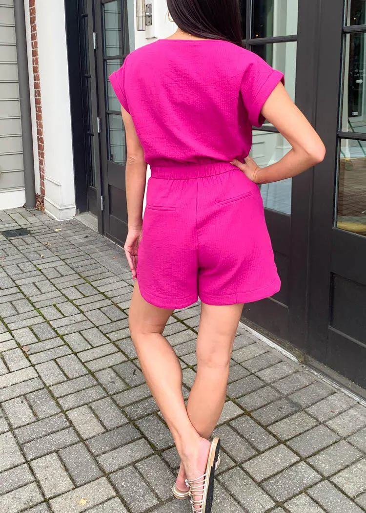 Frnch Menorca Front Tie Short Sleeve Romper - Fuschia ***FINAL SALE***