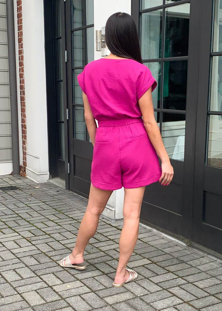 Frnch Menorca Front Tie Short Sleeve Romper - Fuschia ***FINAL SALE***