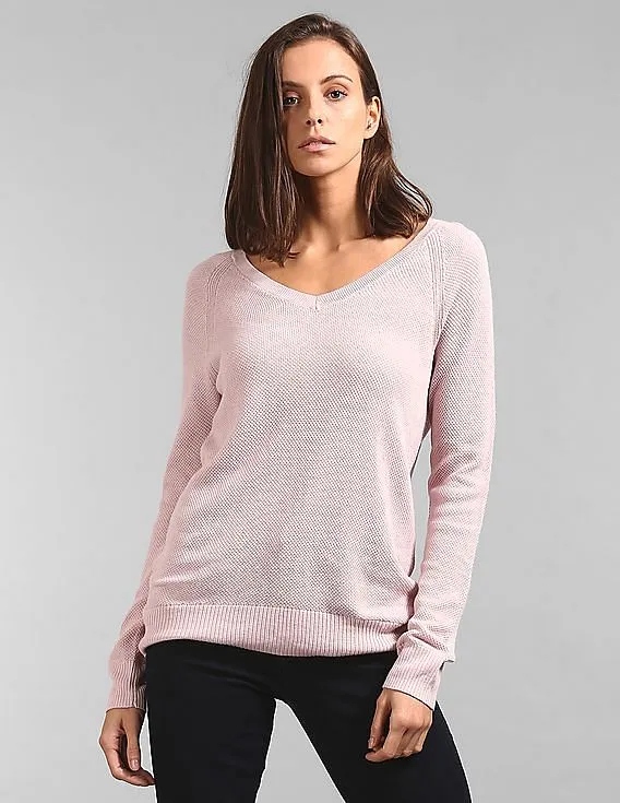 GAP Women Pink Textured V-Neck Pullover