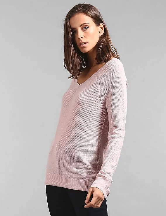 GAP Women Pink Textured V-Neck Pullover