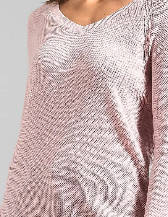 GAP Women Pink Textured V-Neck Pullover