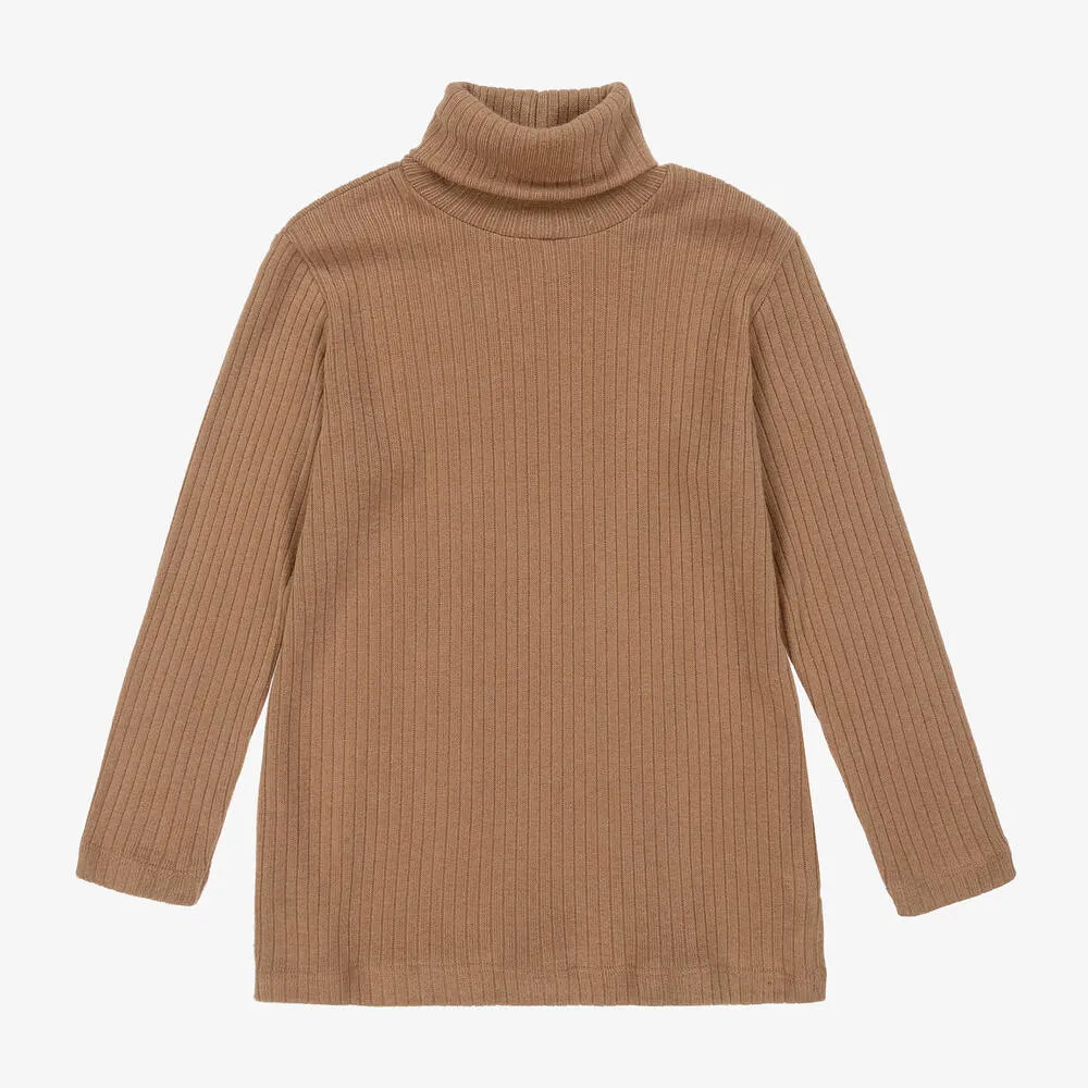 Girls Beige Viscose Polo Neck Jumper