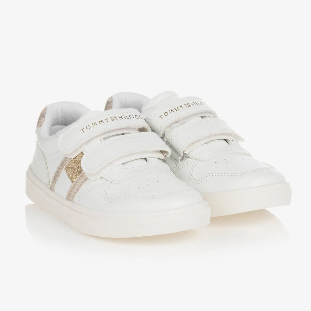 Girls White & Gold Glitter Velcro Trainers