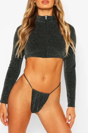 Glitter Long Sleeve Crop Bikini Top