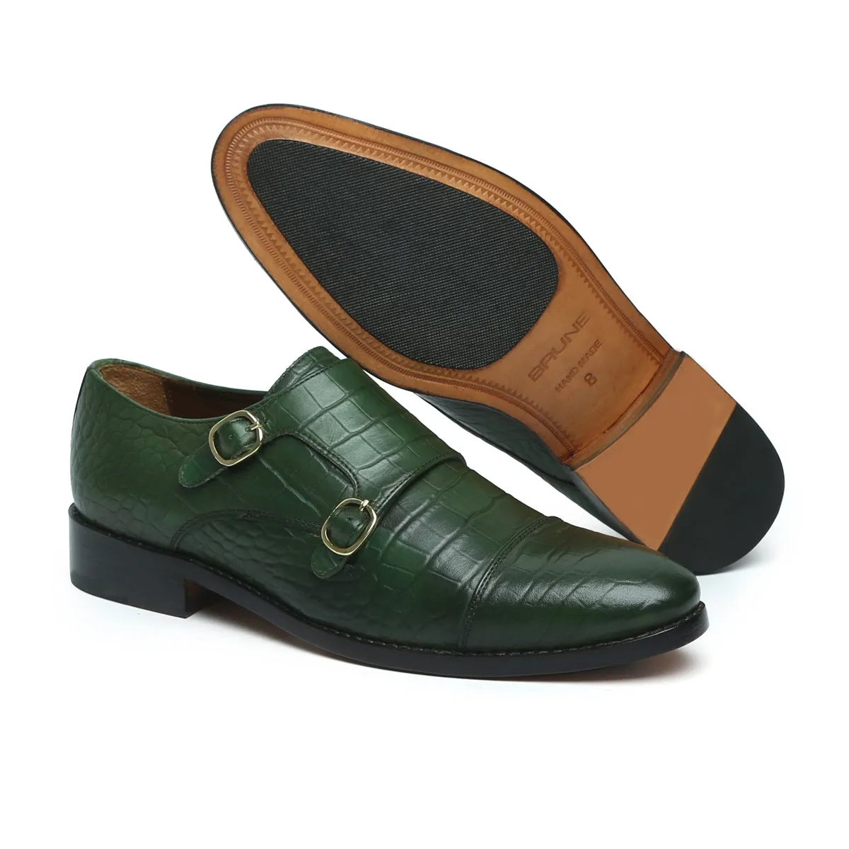 Green Croco Leather Double Monk With Leather Sole Shoes By Brune & Bareskin