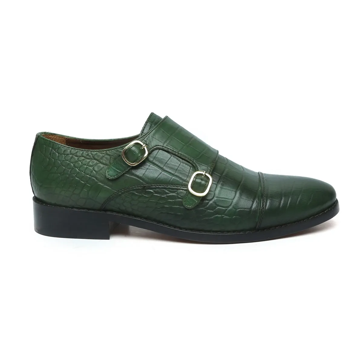 Green Croco Leather Double Monk With Leather Sole Shoes By Brune & Bareskin