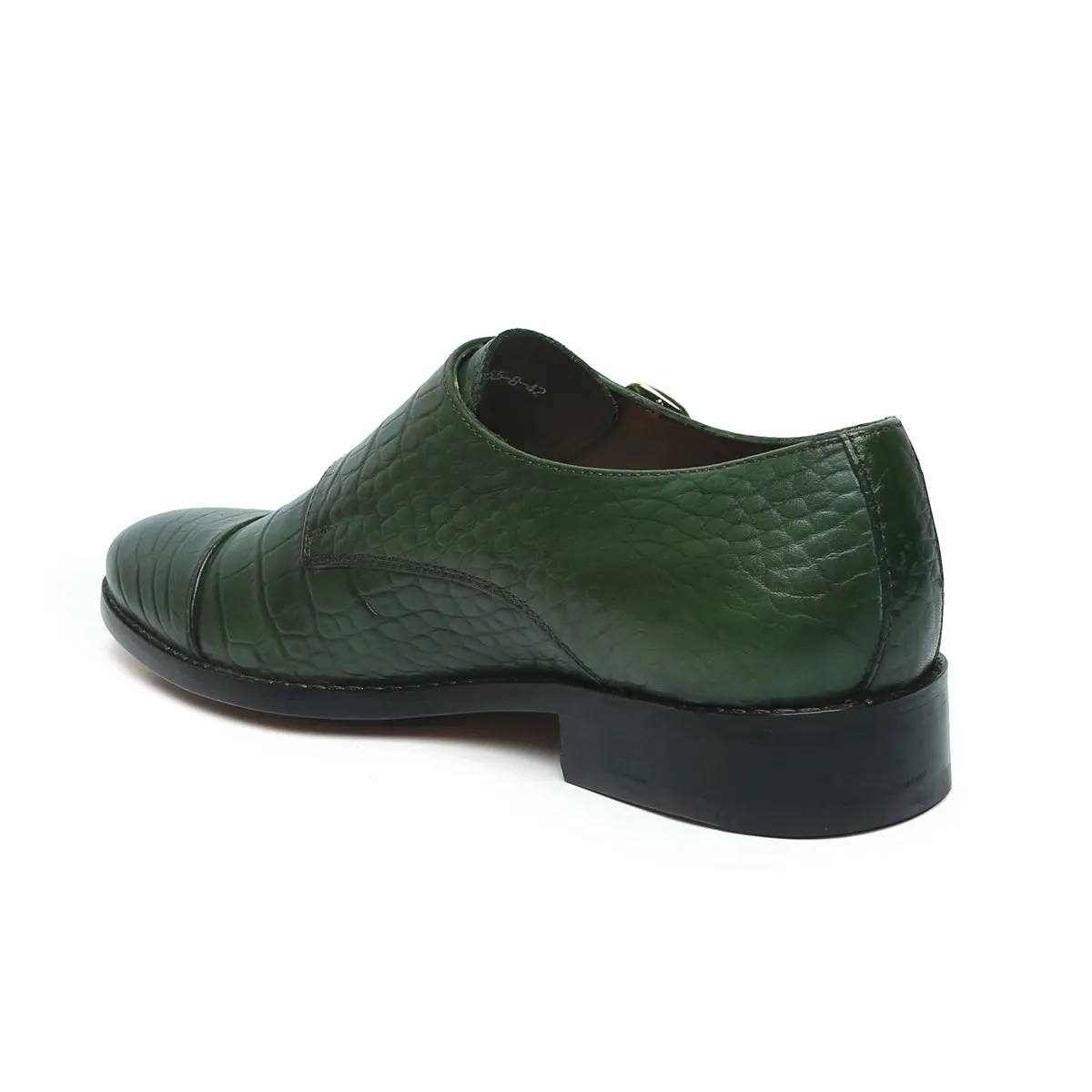 Green Croco Leather Double Monk With Leather Sole Shoes By Brune & Bareskin