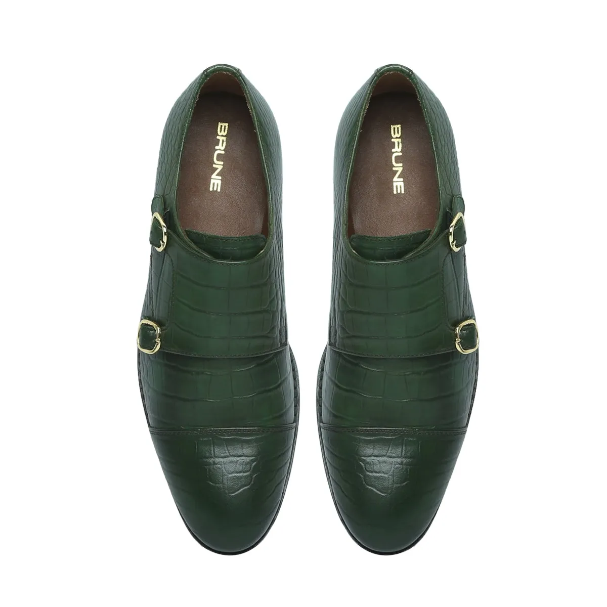 Green Croco Leather Double Monk With Leather Sole Shoes By Brune & Bareskin