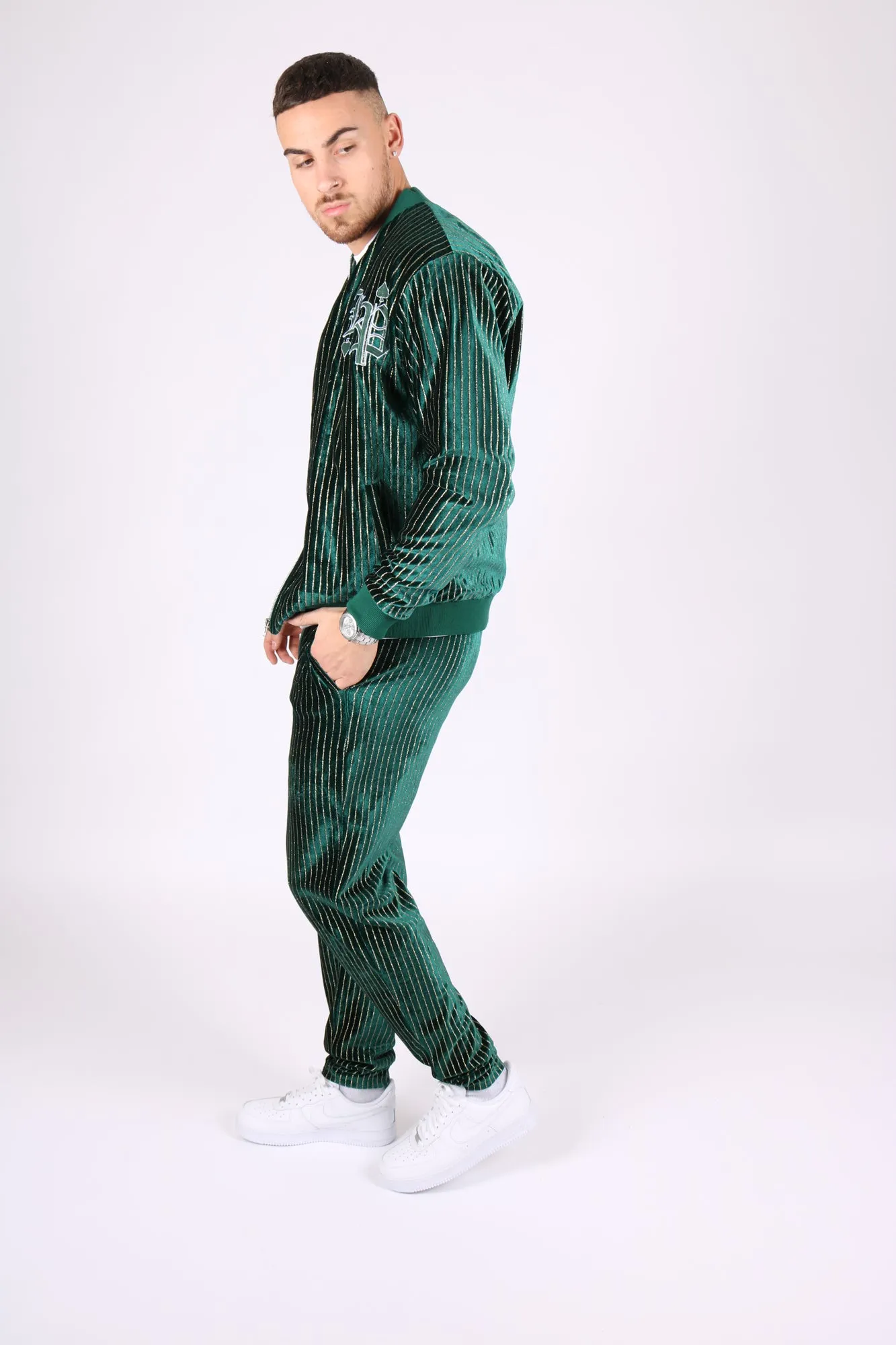 Green Pinstripe Velour Varsity Slim Joggers