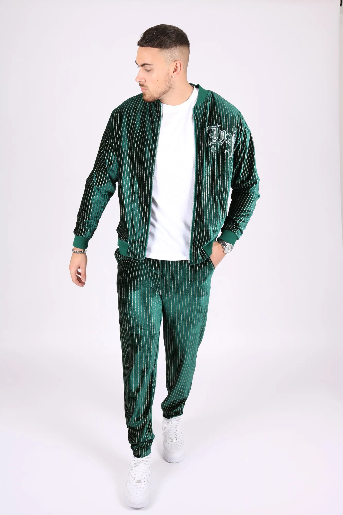 Green Pinstripe Velour Varsity Slim Joggers