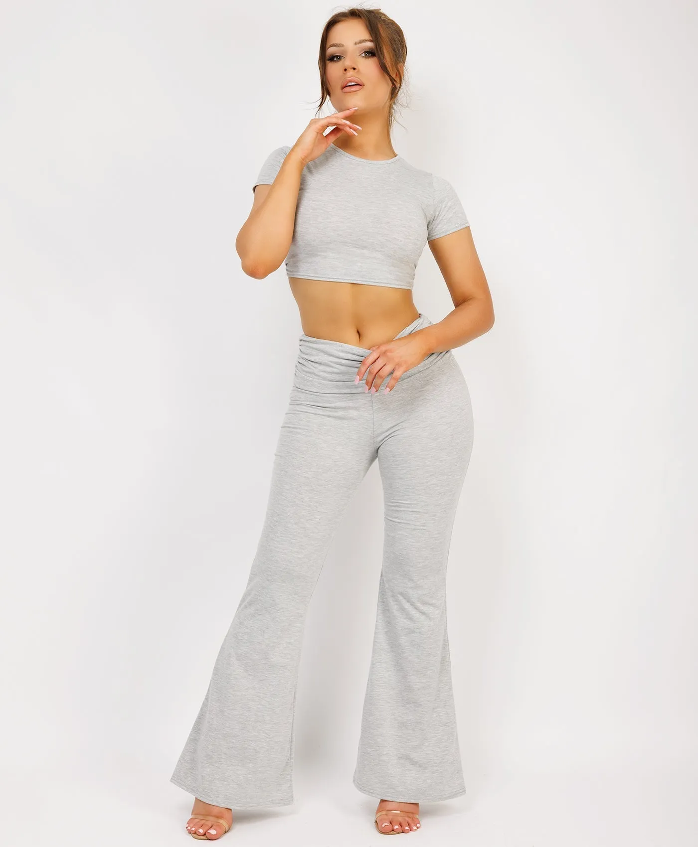 Grey Crop Top And Fold Over Flared Trousers Loungewear Set