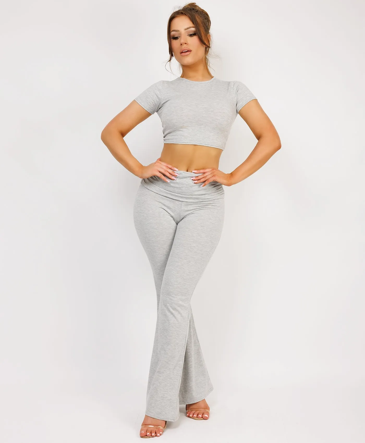 Grey Crop Top And Fold Over Flared Trousers Loungewear Set