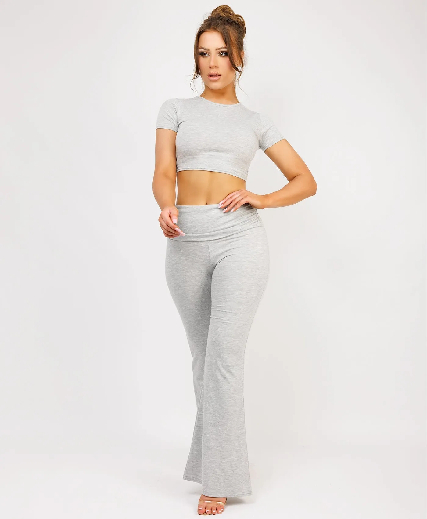 Grey Crop Top And Fold Over Flared Trousers Loungewear Set