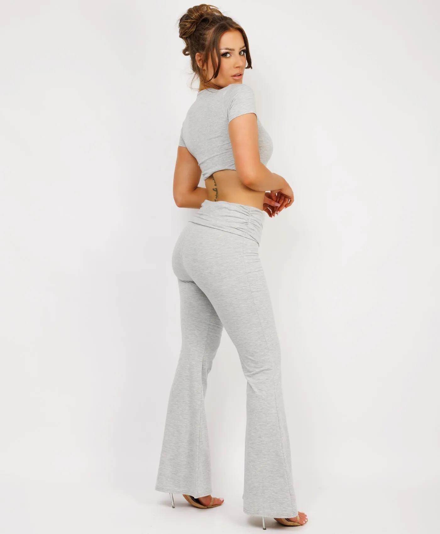 Grey Crop Top And Fold Over Flared Trousers Loungewear Set