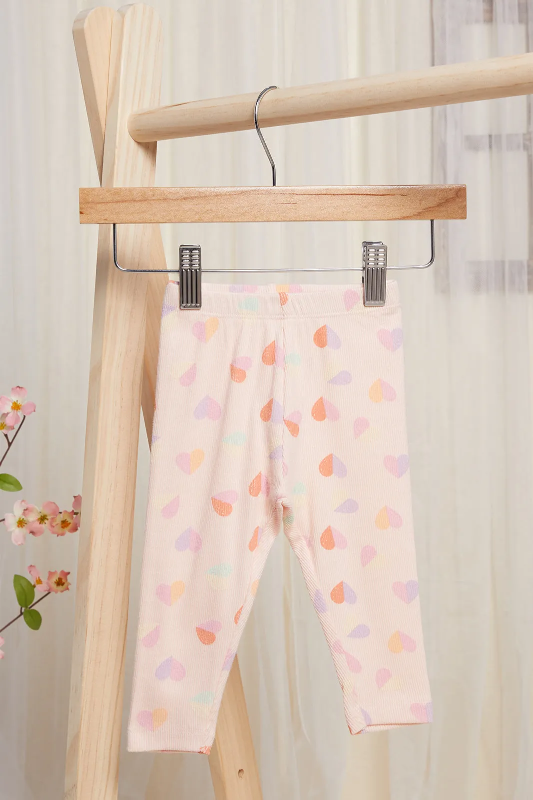 Infant Girls Pink All Over Printed Rib Leggings