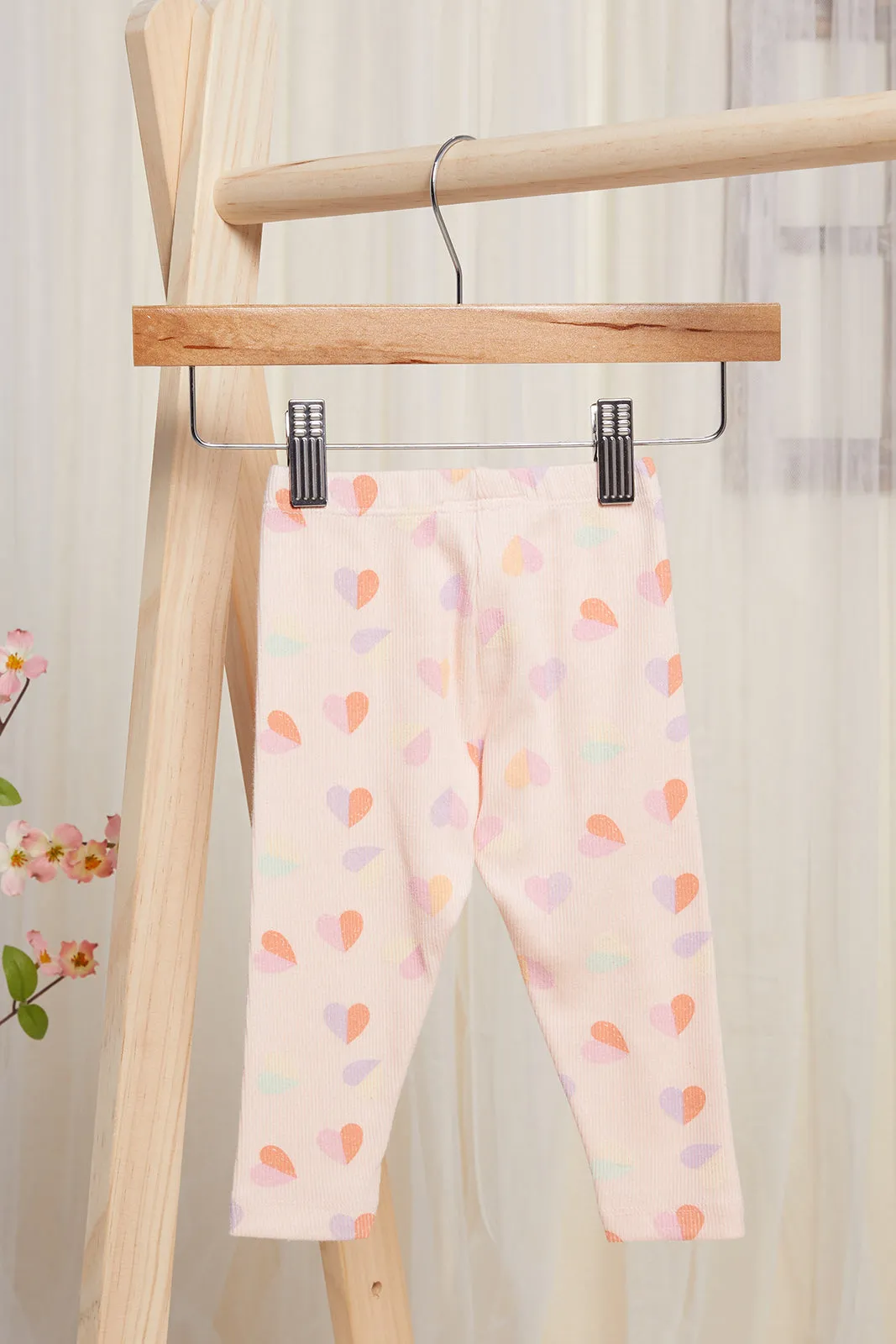 Infant Girls Pink All Over Printed Rib Leggings