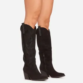 Izzy Diamante Detail Pointed Toe Knee High Western Cowboy Boot In Black Faux Suede